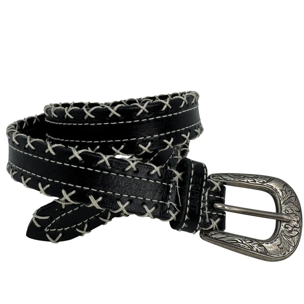 Vintage Y2K Esprit Leather Belt Black Contrast Stitch Women's Western Size L